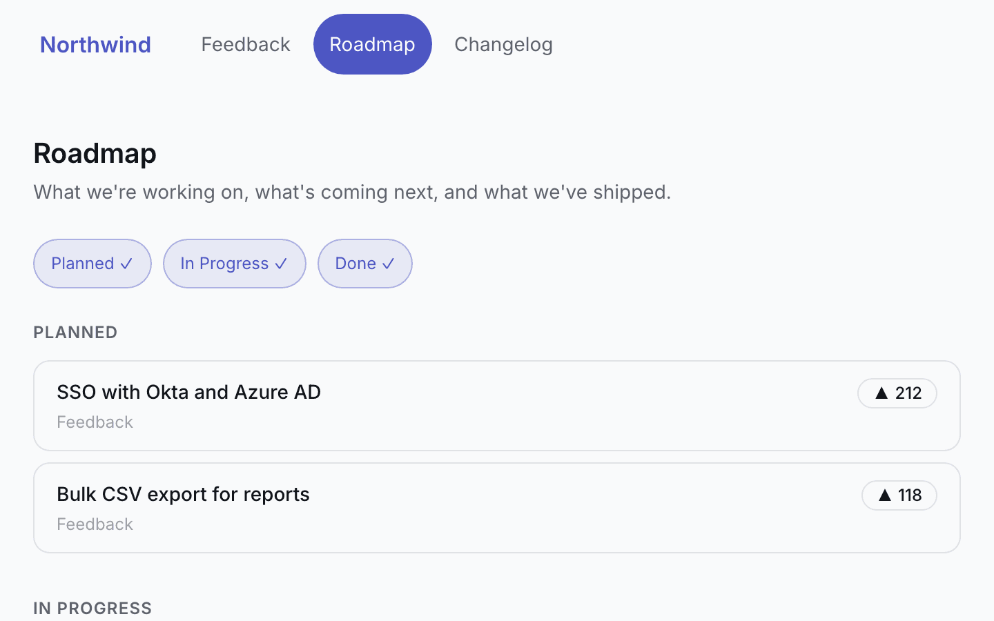 A Heedback public roadmap with feature requests grouped by status and their vote counts